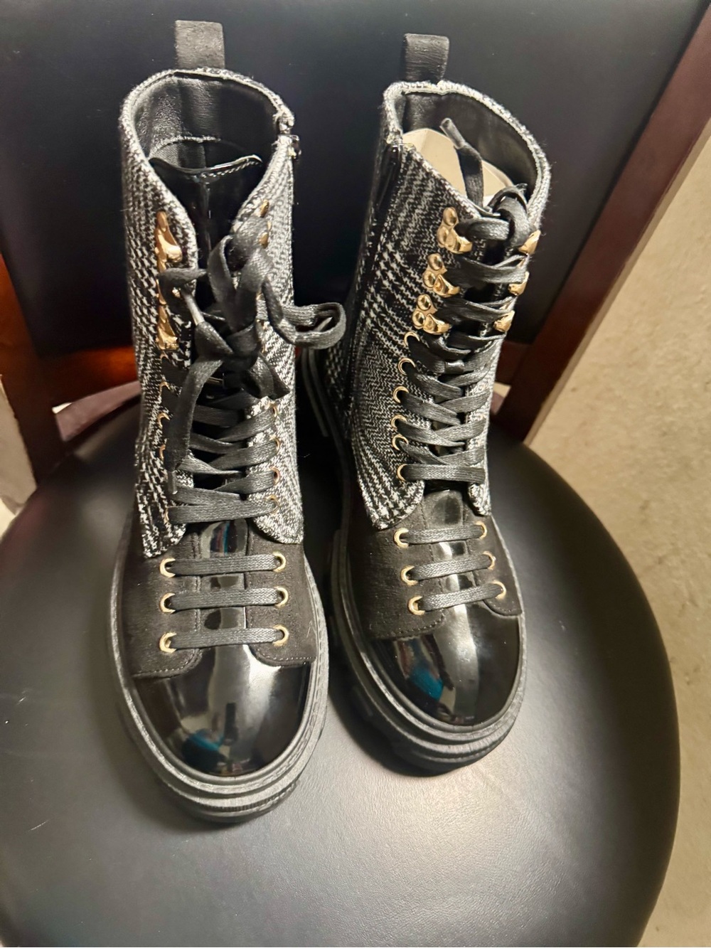 Women's Black Tweed & Patent Combat Boots size 7